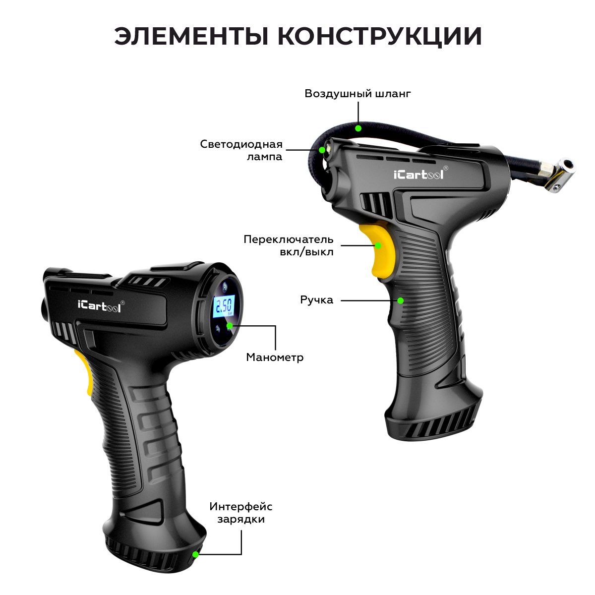 Компрессор автомобильный аккумуляторный, портативный ICARTOOL IC-CC3665