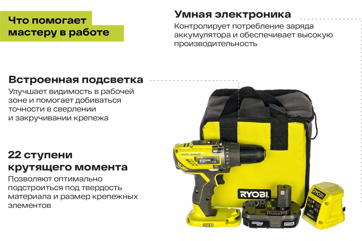 Аккумуляторная дрель-шуруповерт ONE+,18В RYOBI R18DD3-113S