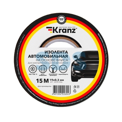 Изолента черная флис автомобильная, 19ммх15м KRANZ KR-09-2906